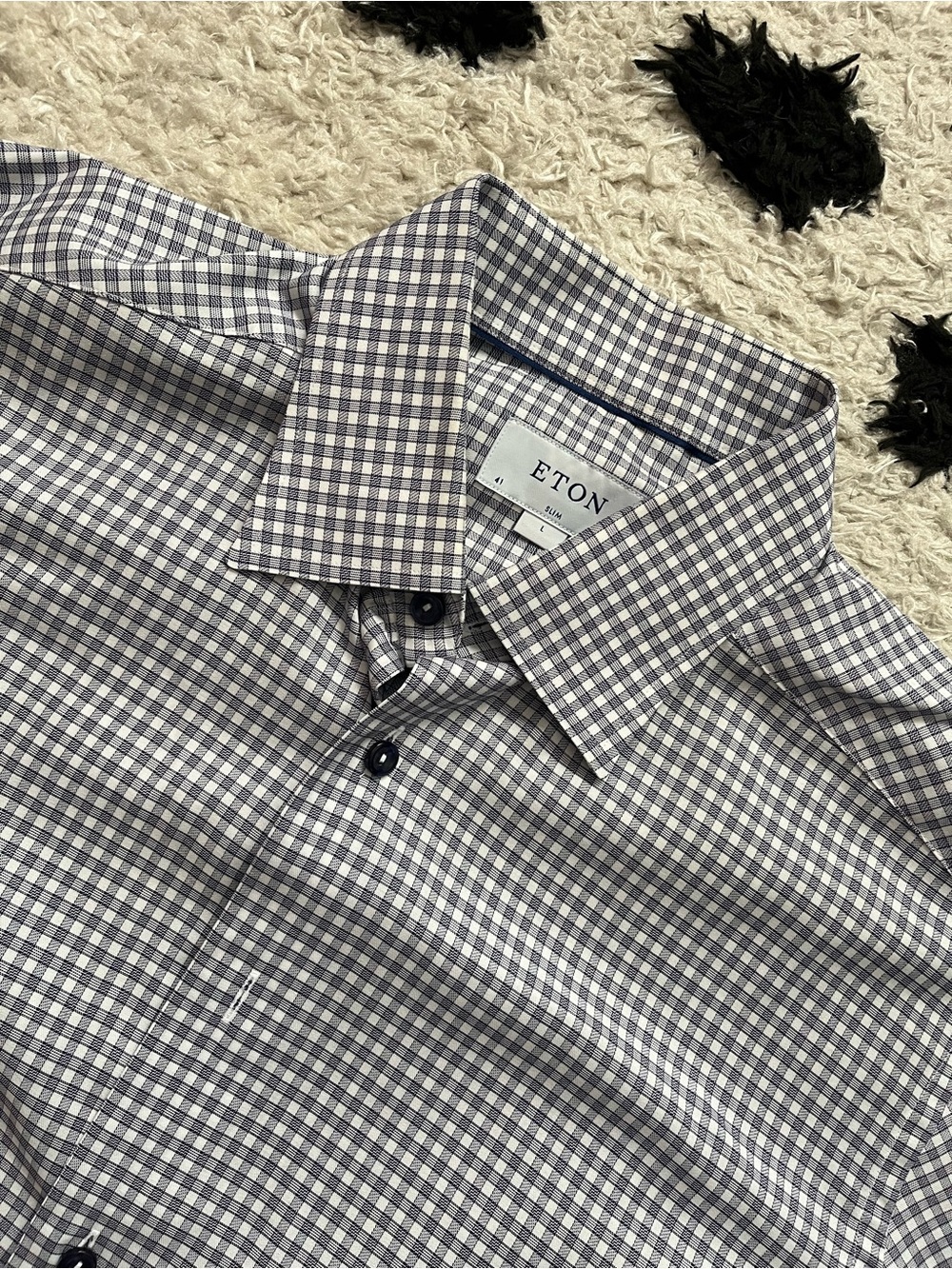 Eton size large slim Men's Gray / black Gingham Dress Shirt